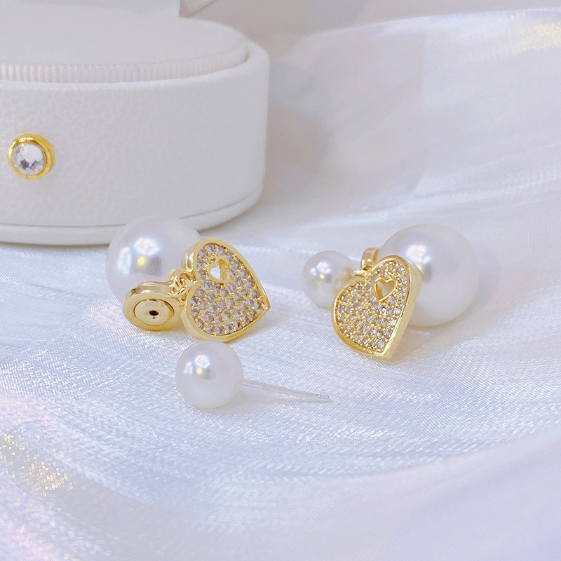 한국어 새로운 디자인 패션 쥬얼리 간단한 양면 화이트 진주 지르콘 사랑 귀걸이 우아한 여성의 결혼식 파티 귀걸이